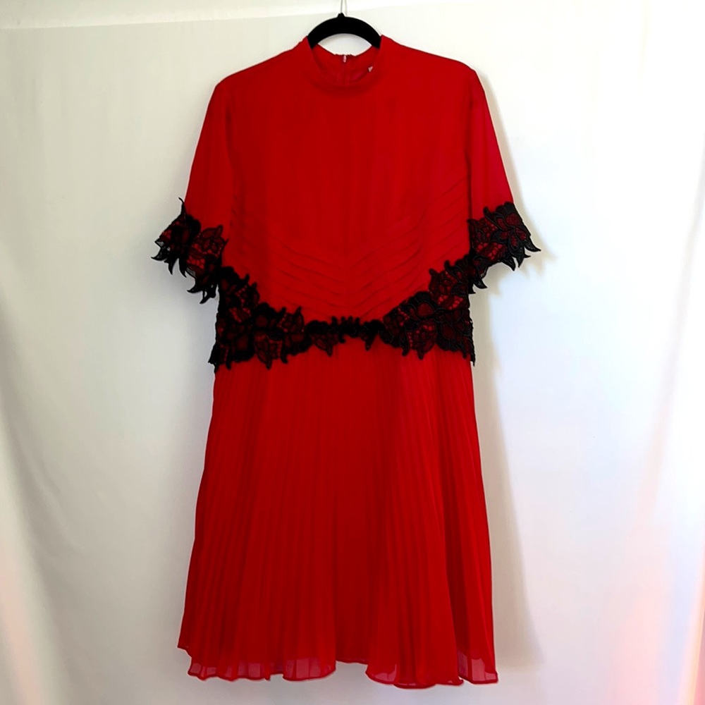ASOS red pleated dress with black lace details. Size 16.